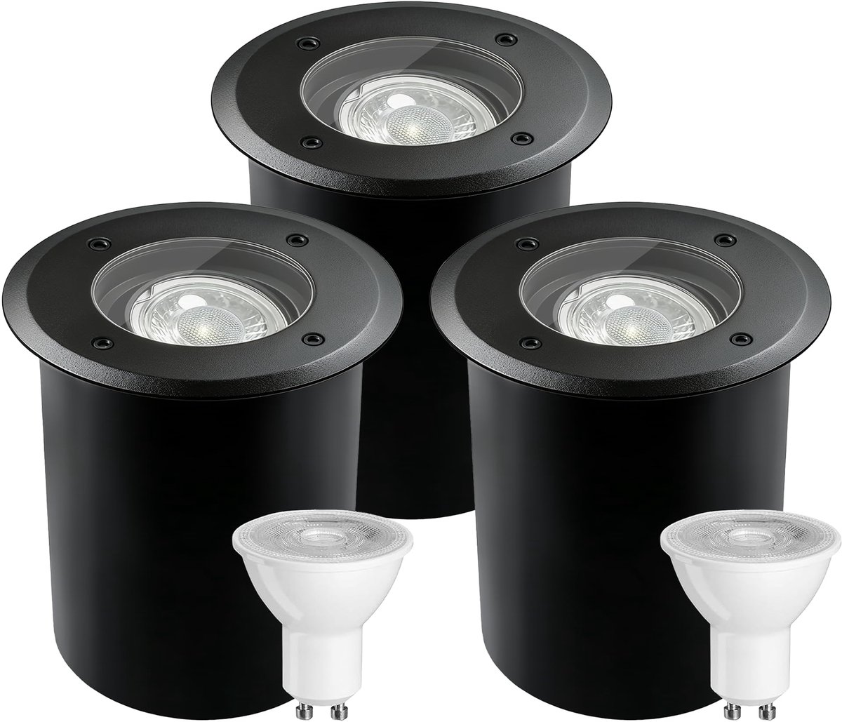 SnelShoppen - Vloerspots voor Buiten - Roestvrij Staal, IP65 Waterdicht, Zwart, 3 Stuks - Tuinverlichting, Buitenverlichting, Terras, Feest, Camping