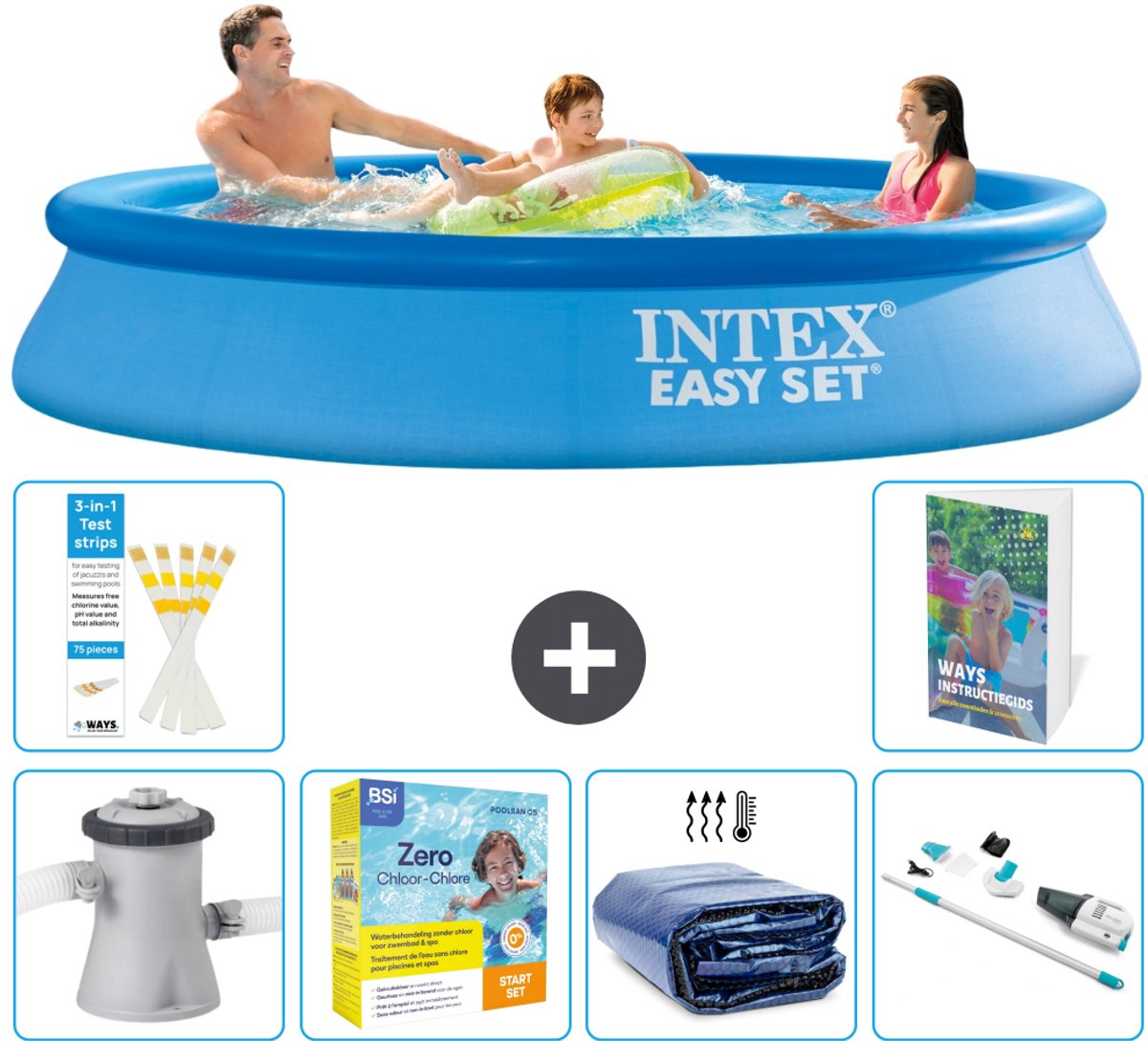 Intex Rond Opblaasbaar Easy Set Zwembad - 305 x 61 cm - Blauw - Inclusief Pomp - Onderhoudspakket - Solarzeil - Stofzuiger - 7-delig