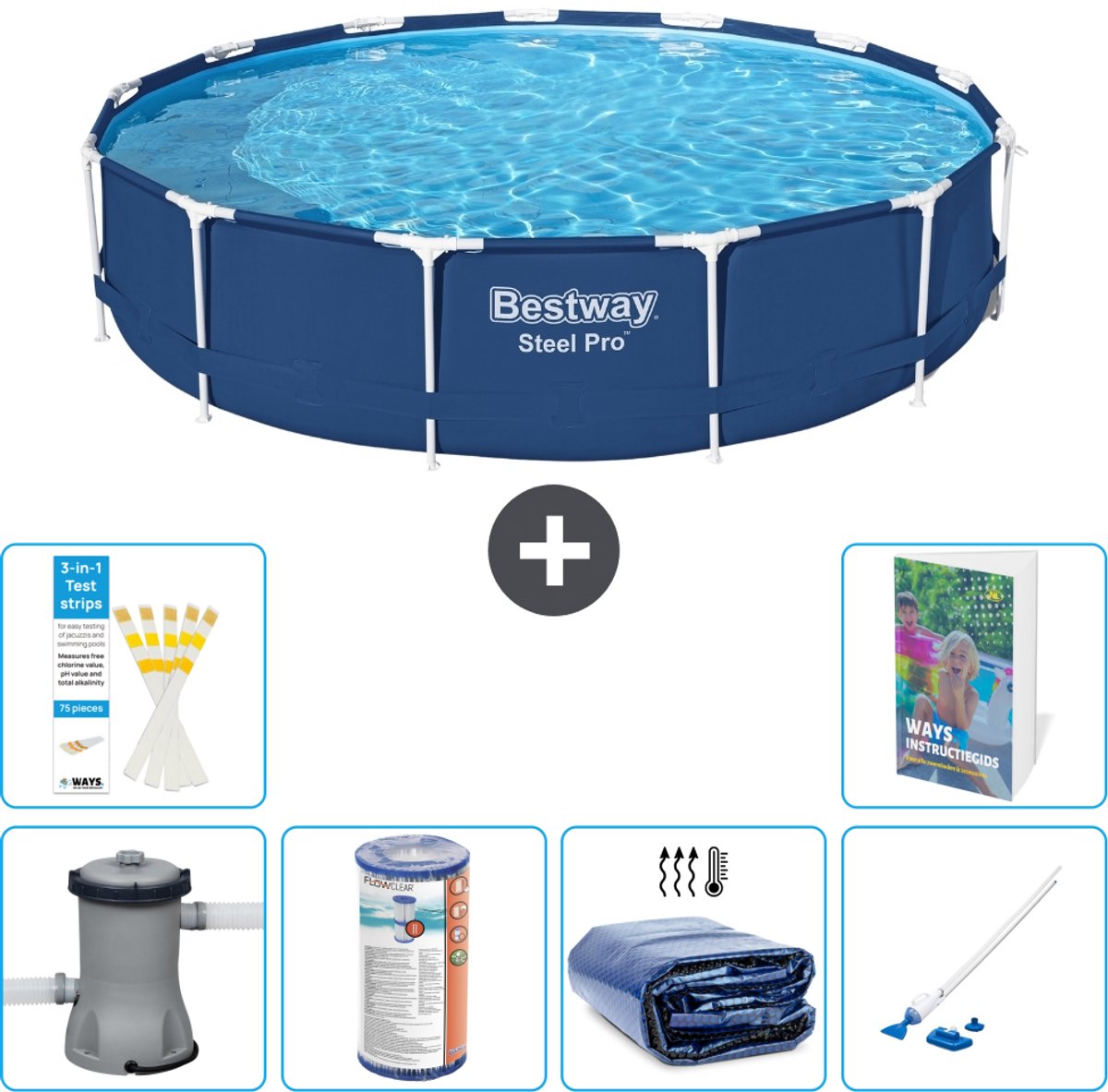 Bestway Rond Steel Pro Zwembad - 396 x 84 cm - Blauw - Inclusief Pomp - Filter - Solarzeil - Stofzuiger - 7-delig