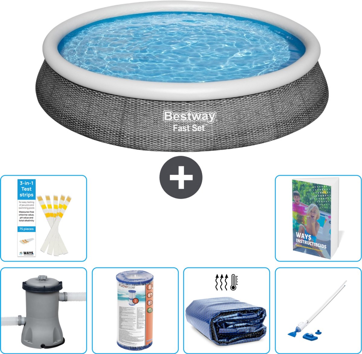 Bestway Rond Opblaasbaar Fast Set Zwembad - Rotanprint - 396 x 84 cm - Inclusief Pomp - Filter - Solarzeil - Stofzuiger - 7-delig