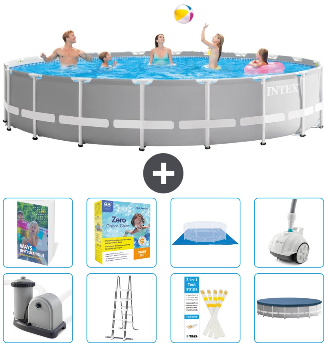 Intex Rond Prism Frame Zwembad - 610 x 132 cm - Grijs - Inclusief Pomp - Ladder - Grondzeil - Afdekzeil - Onderhoudspakket - Stofzuiger - 9-delig