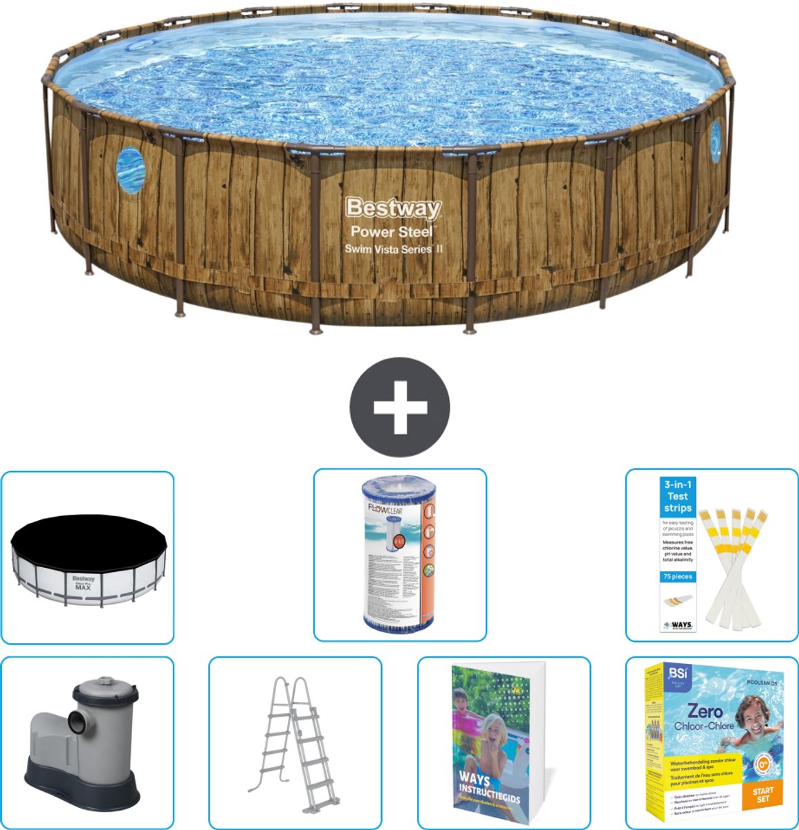 Bestway Rond Power Steel Swim Vista Zwembad - Houtprint - 549 x 122 - Inclusief Pomp - Ladder - Afdekzeil - Filter - Onderhoudspakket - 8-delig