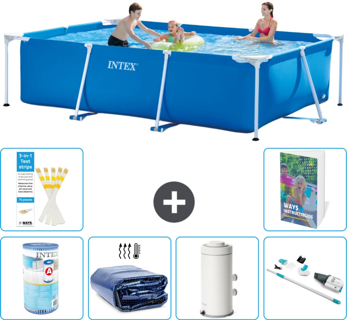 Intex Rechthoekig Frame Zwembad - 300 x 200 x 75 cm - Blauw - Inclusief Filter - Solarzeil - Zwembadfilterpomp - Stofzuiger - 7-delig