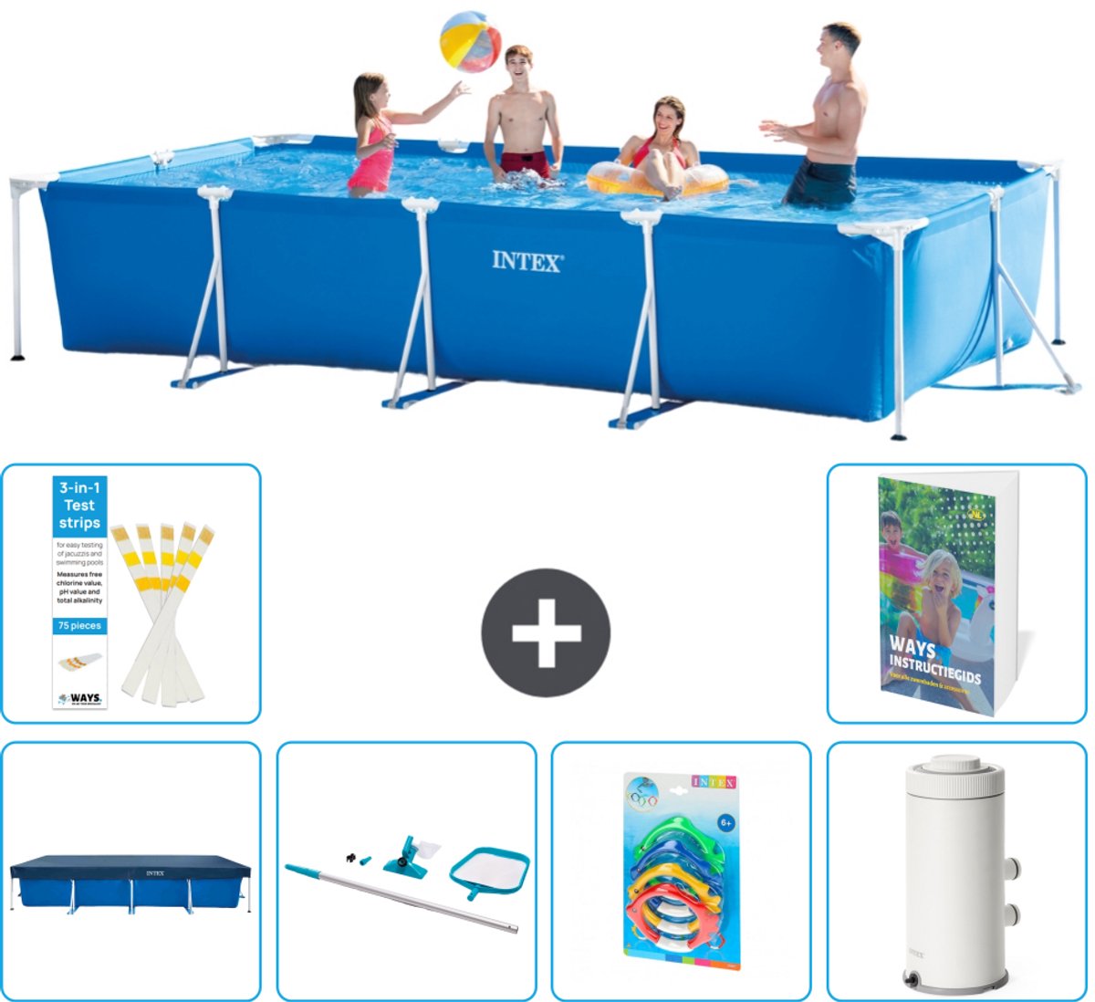 Intex Rechthoekig Frame Zwembad - 450 x 220 x 84 cm - Blauw - Inclusief Afdekzeil - Schoonmaakset - Speelgoed - Zwembadfilterpomp - 7-delig