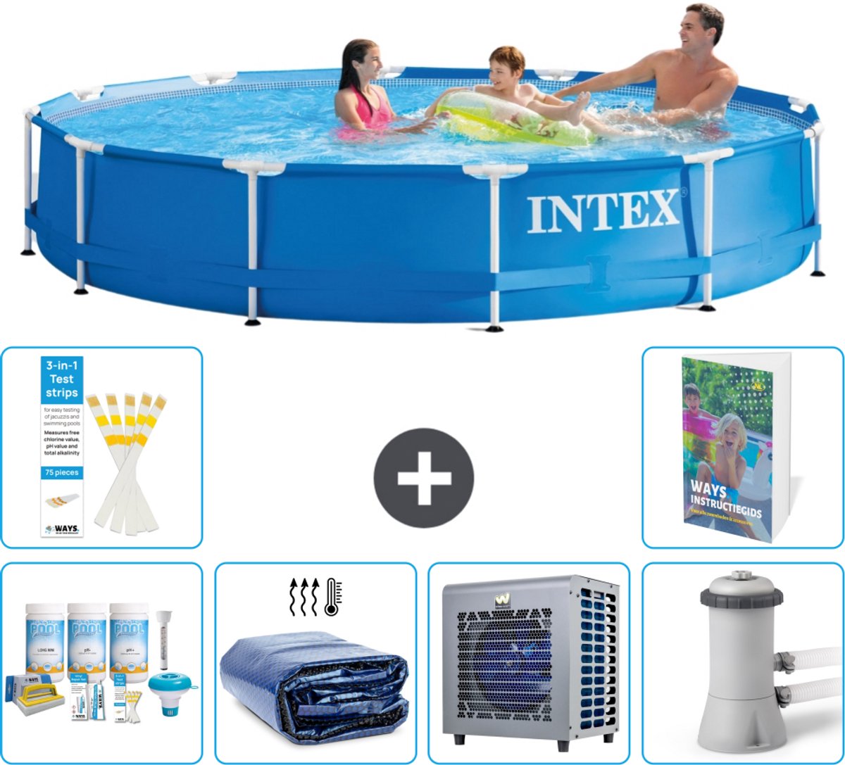 Intex Rond Frame Zwembad - 366 x 76 cm - Blauw - Inclusief Onderhoudspakket - Solarzeil - Warmtepomp - Zwembadfilterpomp - 7-delig