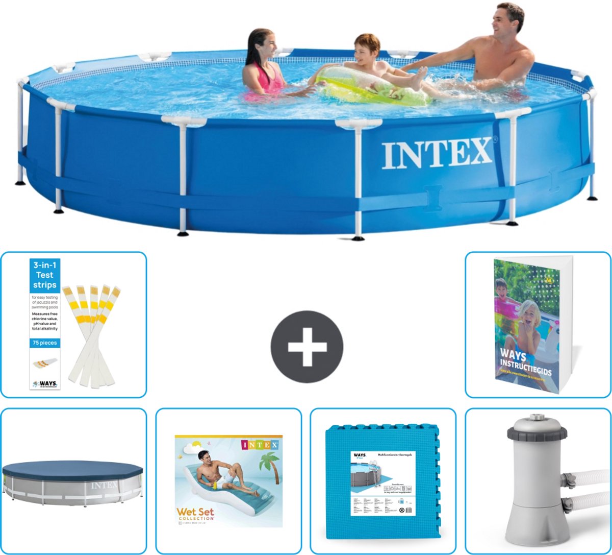 Intex Rond Frame Zwembad - 366 x 76 cm - Blauw - Inclusief Afdekzeil - Loungebed - Vloertegels - Zwembadfilterpomp - 7-delig