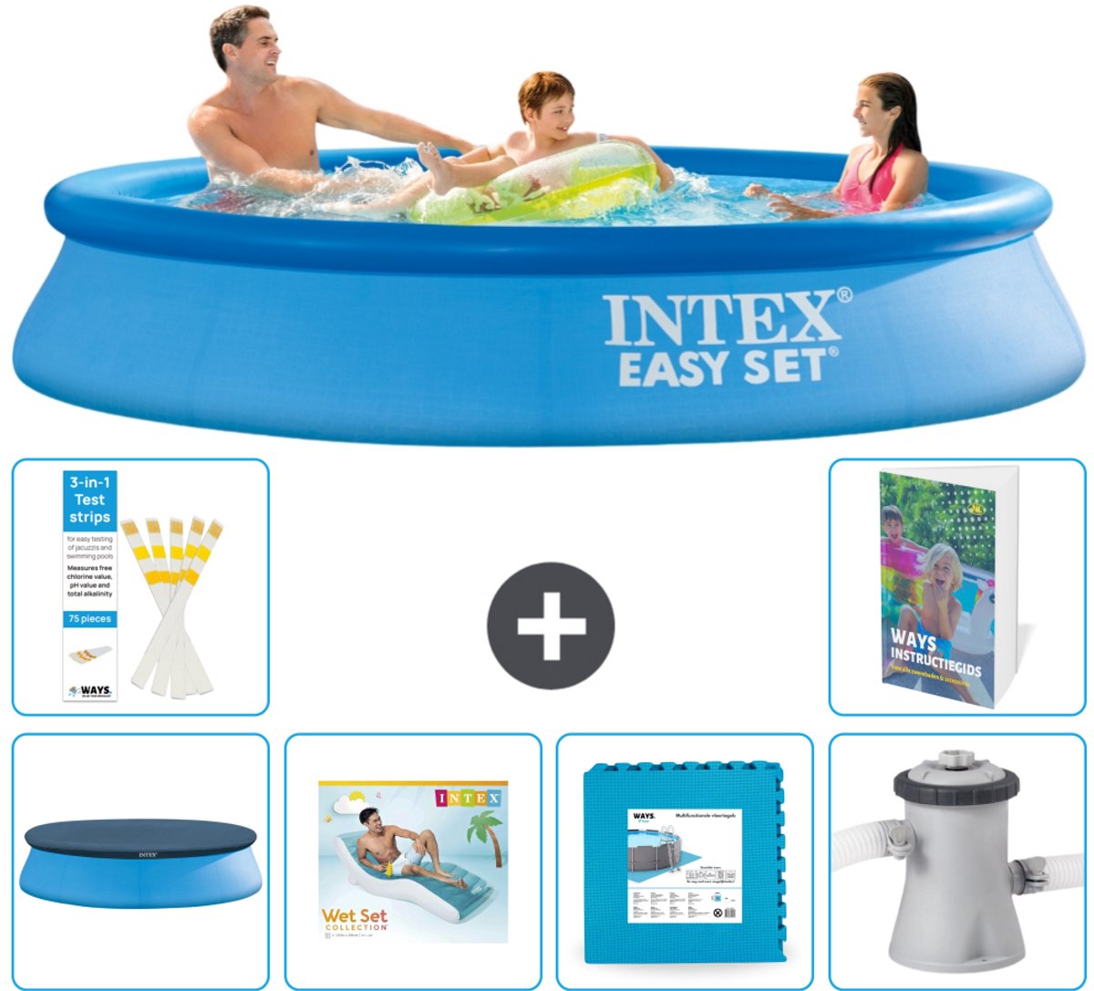 Intex Rond Opblaasbaar Easy Set Zwembad - 305 x 61 cm - Blauw - Inclusief Afdekzeil - Loungebed - Vloertegels - Zwembadfilterpomp - 7-delig