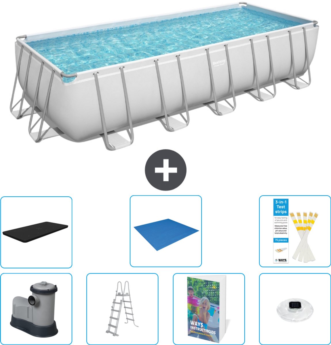 Bestway Rechthoekig Power Steel Zwembad - 640 x 274 x 132 - Grijs - Inclusief Pomp - Ladder - Afdekzeil - Grondzeil - Verlichting - 8-delig