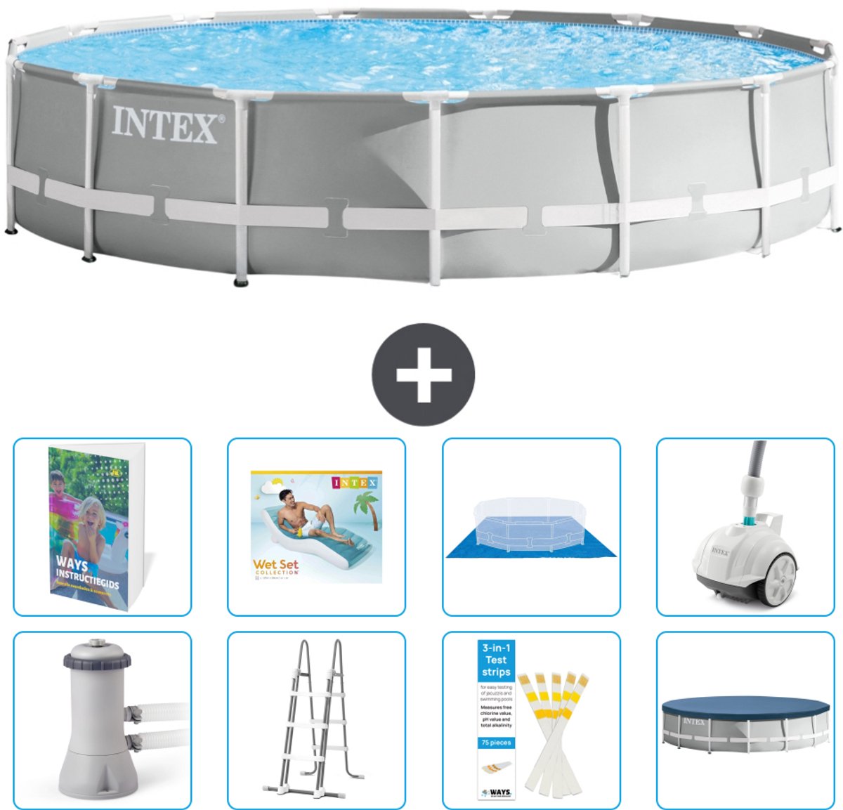 Intex Rond Prism Frame Zwembad - 457 x 107 cm - Grijs - Inclusief Pomp - Ladder - Grondzeil - Afdekzeil - Loungebed - Stofzuiger - 9-delig