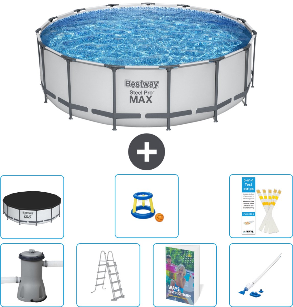 Bestway Rond Steel Pro MAX Zwembad - 457 x 122 cm - Grijs - Inclusief Pomp - Ladder - Afdekzeil - Speelgoed - Stofzuiger - 8-delig