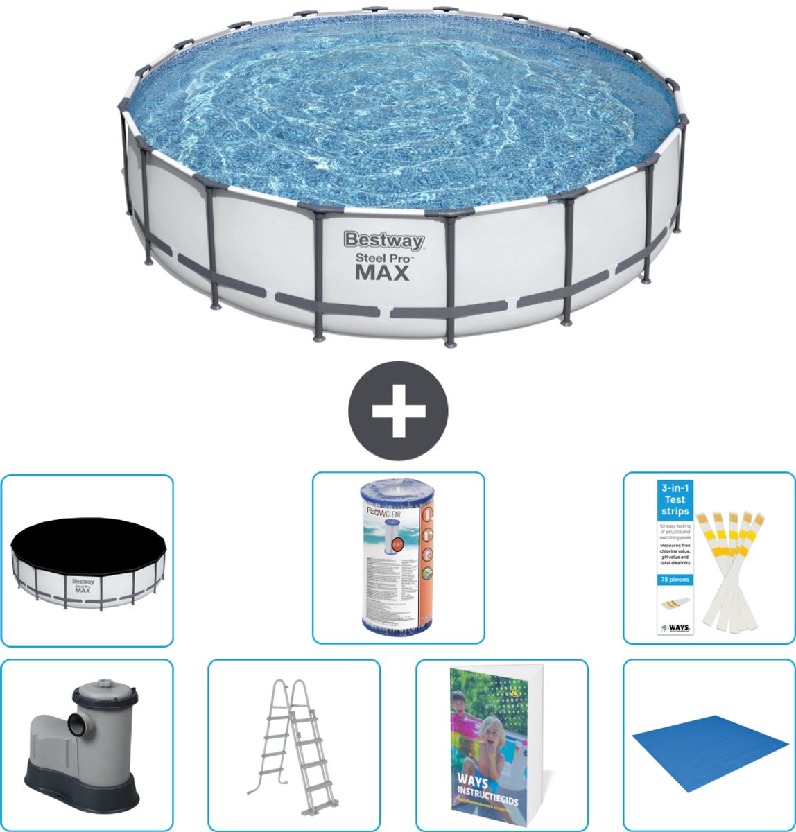 Bestway Rond Steel Pro MAX Zwembad - 549 x 122 cm - Grijs - Inclusief Pomp - Ladder - Afdekzeil - Filter - Grondzeil - 8-delig