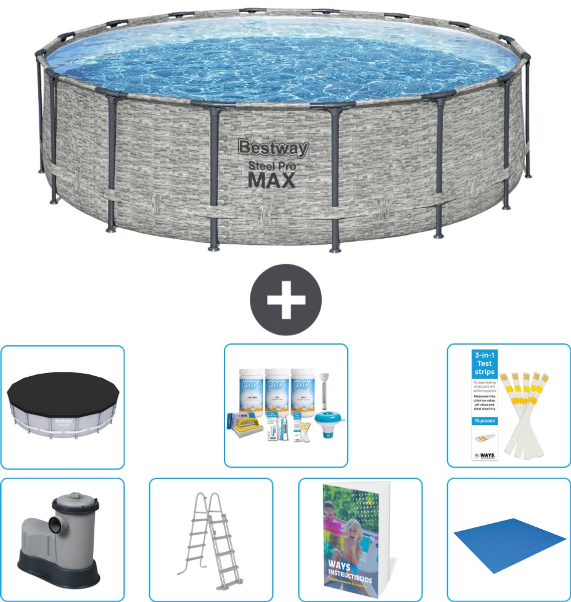 Bestway Rond Steel Pro MAX Zwembad - Steenprint - 488 x 122 cm - Inclusief Pomp - Ladder - Afdekzeil - Onderhoudspakket - Grondzeil - 8-delig
