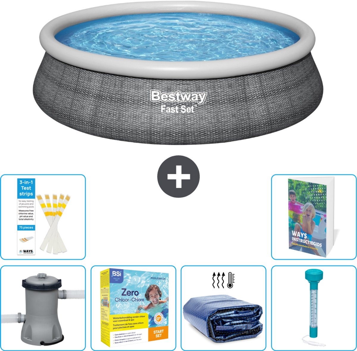 Bestway Rond Opblaasbaar Fast Set Zwembad - Rotanprint - 457 x 84 cm - Inclusief Pomp - Onderhoudspakket - Solarzeil - Thermometer - 7-delig