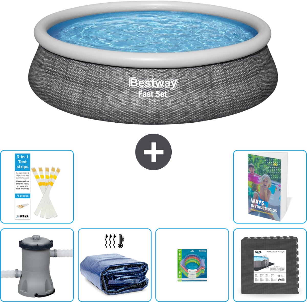Bestway Rond Opblaasbaar Fast Set Zwembad - Rotanprint - 457 x 84 cm - Inclusief Pomp - Solarzeil - Speelgoed - Vloertegels - 7-delig