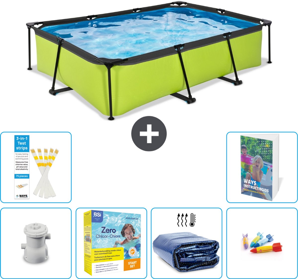 EXIT Rechthoekig Lime Frame Zwembad - 300 x 200 x 65 cm - Inclusief Pomp - Onderhoudspakket - Solarzeil - Speelgoed - 7-delig
