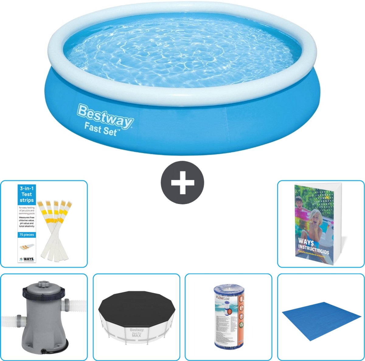 Bestway Rond Opblaasbaar Fast Set Zwembad - 366 x 76 cm - Blauw - Inclusief Pomp - Afdekzeil - Filter - Grondzeil - 7-delig