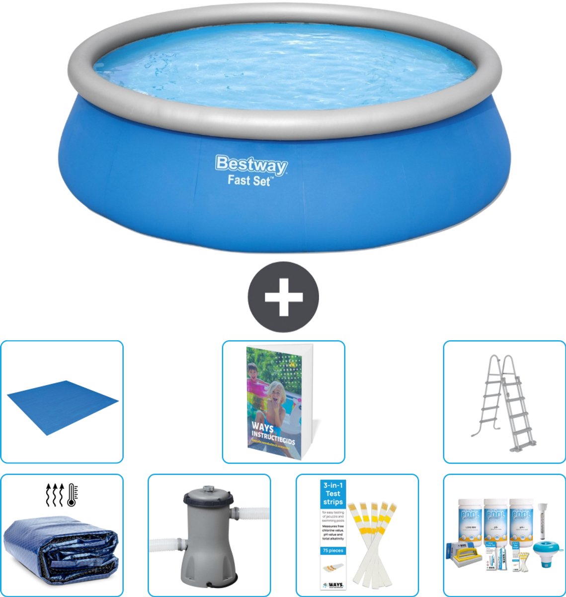 Bestway Rond Opblaasbaar Fast Set Zwembad - 457 x 122 cm - Blauw - Inclusief Pomp - Ladder - Onderhoudspakket - Grondzeil - Solarzeil - 8-delig