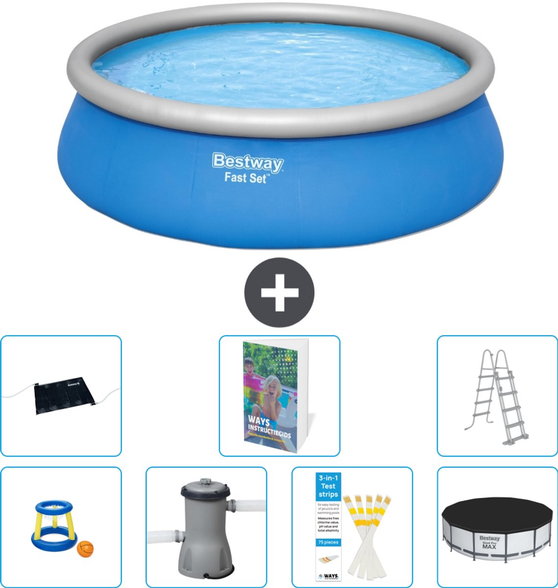 Bestway Rond Opblaasbaar Fast Set Zwembad - 457 x 122 cm - Blauw - Inclusief Pomp - Ladder - Afdekzeil - Solar Mat - Speelgoed - 8-delig