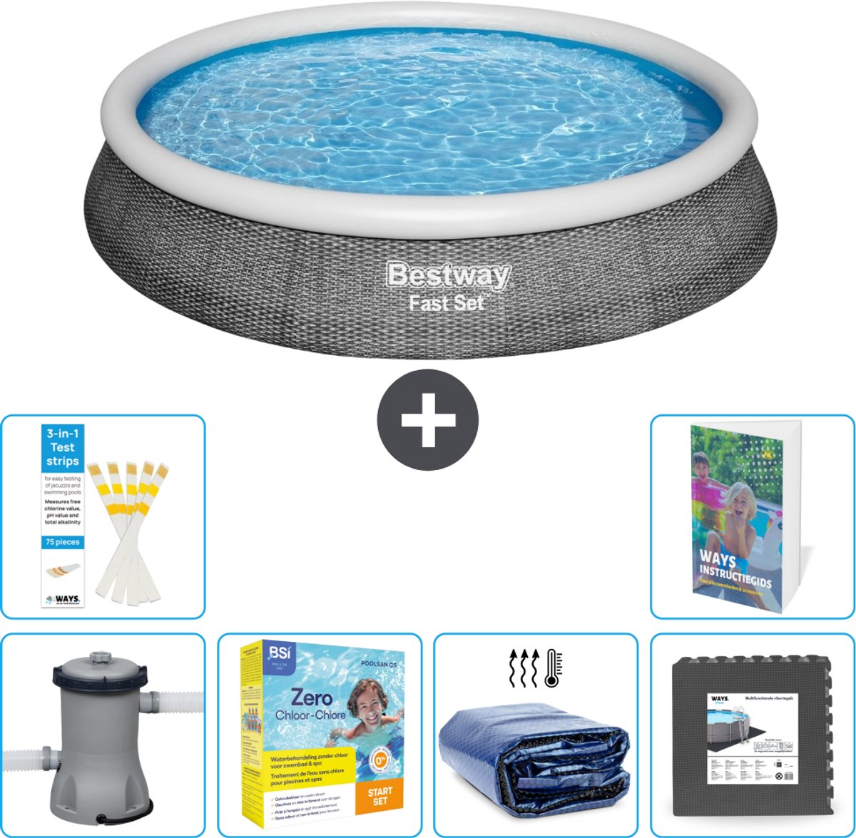 Bestway Rond Opblaasbaar Fast Set Zwembad - Rotanprint - 396 x 84 cm - Inclusief Pomp - Onderhoudspakket - Solarzeil - Vloertegels - 7-delig