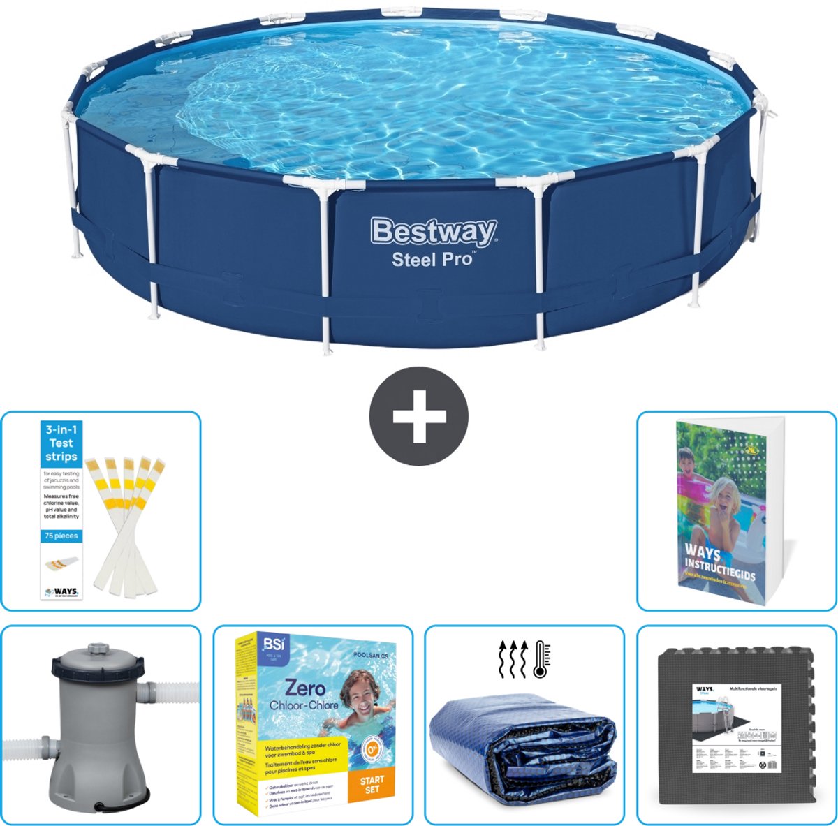 Bestway Rond Steel Pro Zwembad - 396 x 84 cm - Blauw - Inclusief Pomp - Onderhoudspakket - Solarzeil - Vloertegels - 7-delig