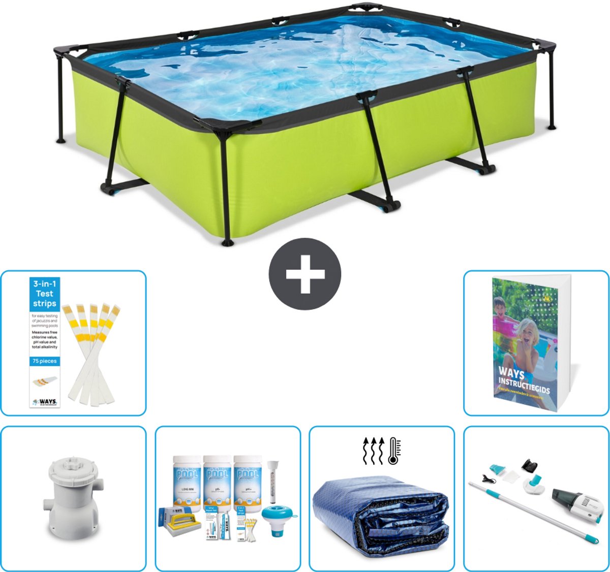 EXIT Rechthoekig Lime Frame Zwembad - 300 x 200 x 65 cm - Inclusief Pomp - Onderhoudspakket - Solarzeil - Stofzuiger - 7-delig