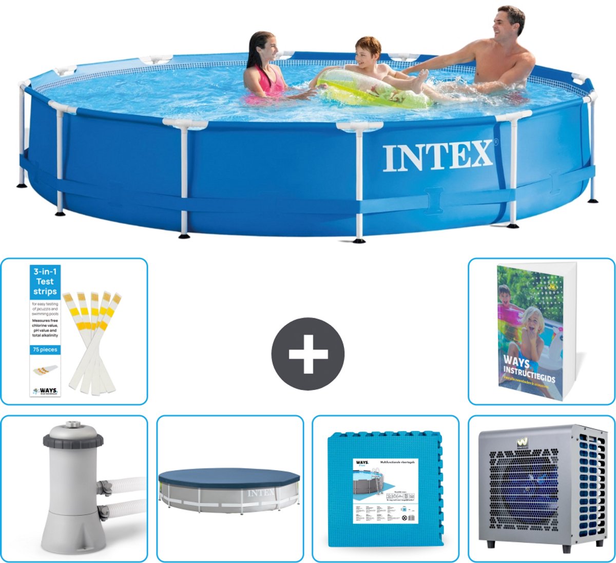 Intex Rond Frame Zwembad - 366 x 76 cm - Blauw - Inclusief Pomp - Afdekzeil - Vloertegels - Warmtepomp - 7-delig