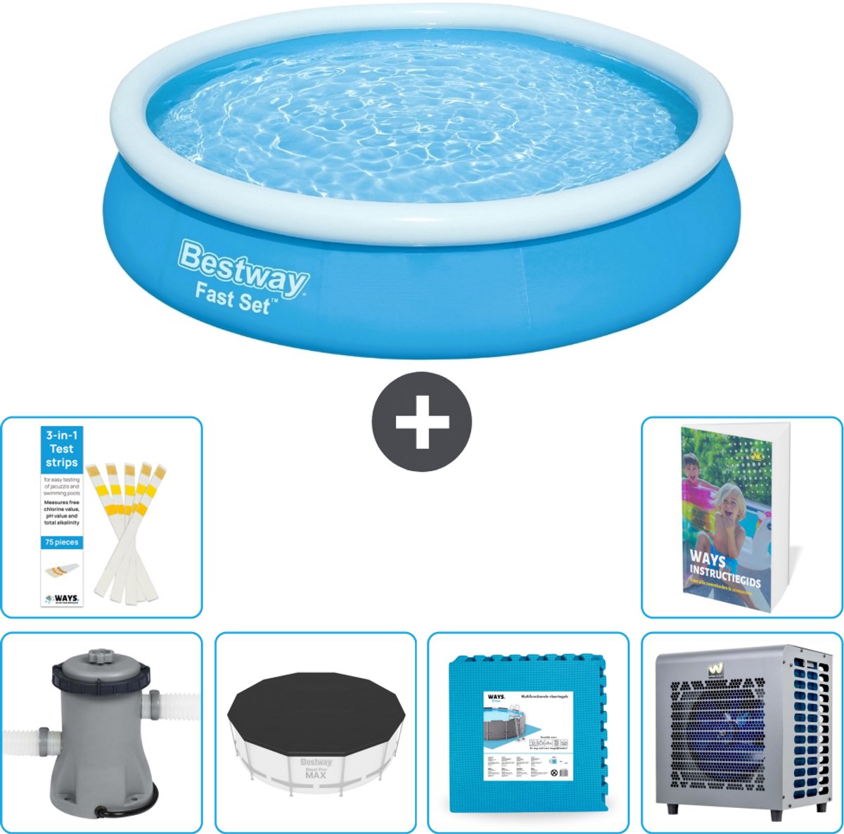 Bestway Rond Opblaasbaar Fast Set Zwembad - 366 x 76 cm - Blauw - Inclusief Pomp - Afdekzeil - Vloertegels - Warmtepomp - 7-delig
