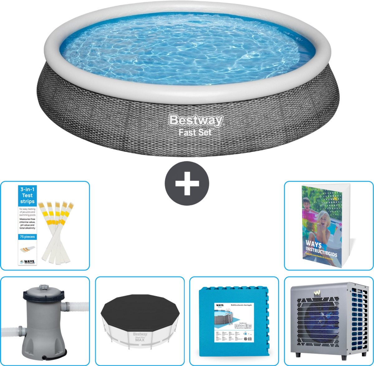 Bestway Rond Opblaasbaar Fast Set Zwembad - Rotanprint - 396 x 84 cm - Inclusief Pomp - Afdekzeil - Vloertegels - Warmtepomp - 7-delig