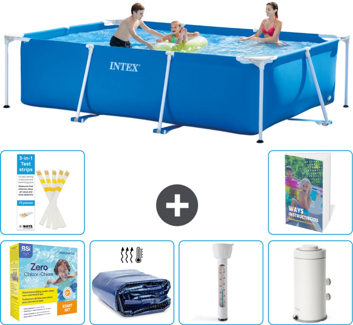 Intex Rechthoekig Frame Zwembad - 300 x 200 x 75 cm - Blauw - Inclusief Onderhoudspakket - Solarzeil - Thermometer - Zwembadfilterpomp - 7-delig