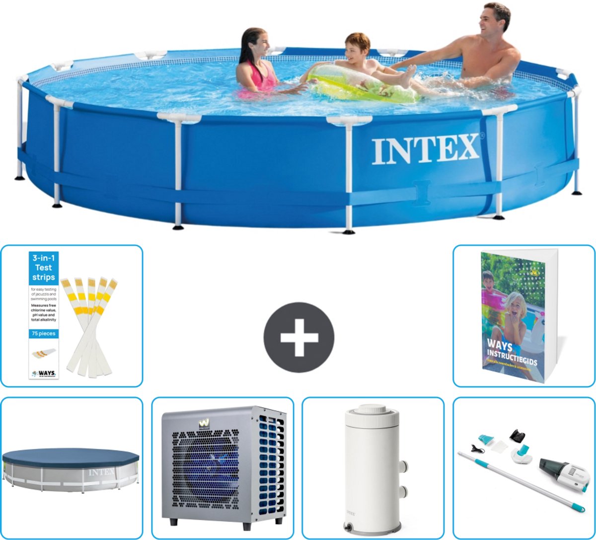 Intex Rond Frame Zwembad - 366 x 76 cm - Blauw - Inclusief Afdekzeil - Warmtepomp - Zwembadfilterpomp - Stofzuiger - 7-delig