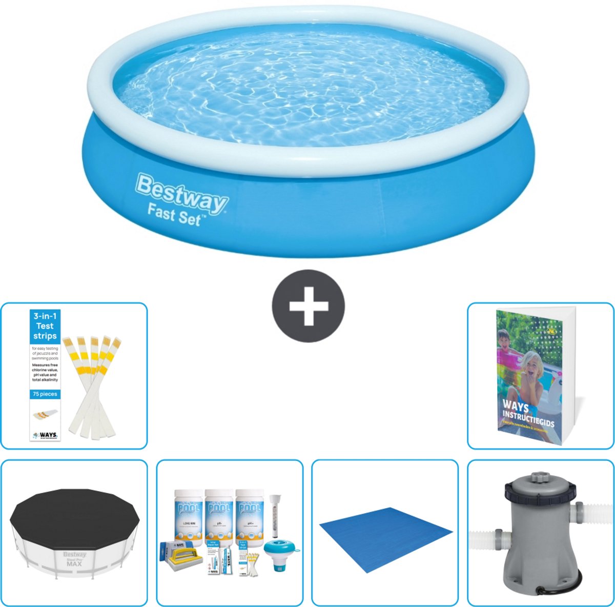 Bestway Rond Opblaasbaar Fast Set Zwembad - 366 x 76 cm - Blauw - Inclusief Afdekzeil - Onderhoudspakket - Grondzeil - Zwembadfilterpomp - 7-delig