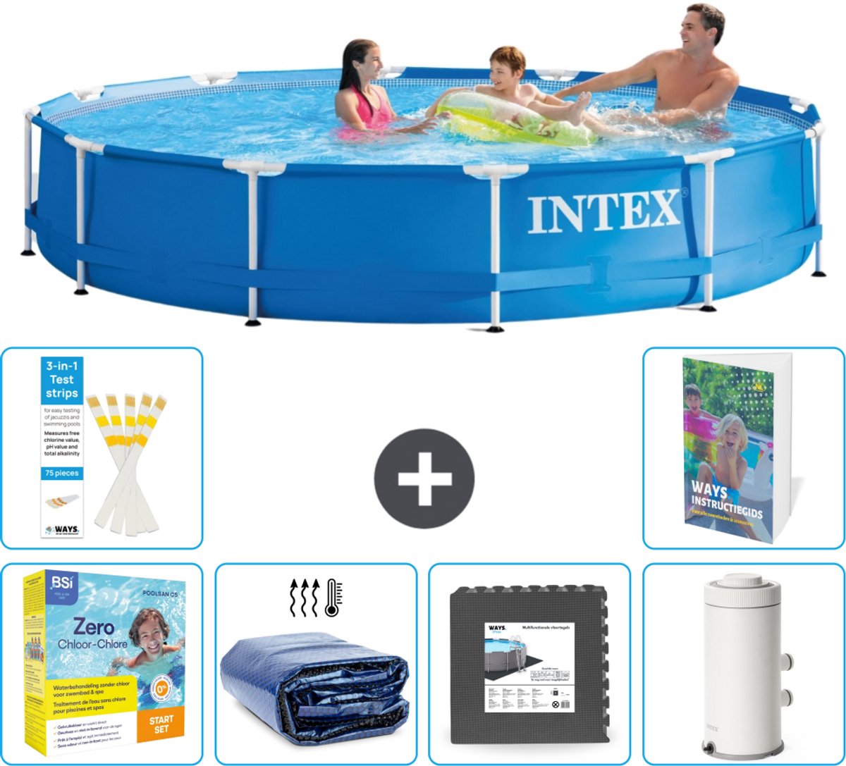 Intex Rond Frame Zwembad - 366 x 76 cm - Blauw - Inclusief Onderhoudspakket - Solarzeil - Vloertegels - Zwembadfilterpomp - 7-delig