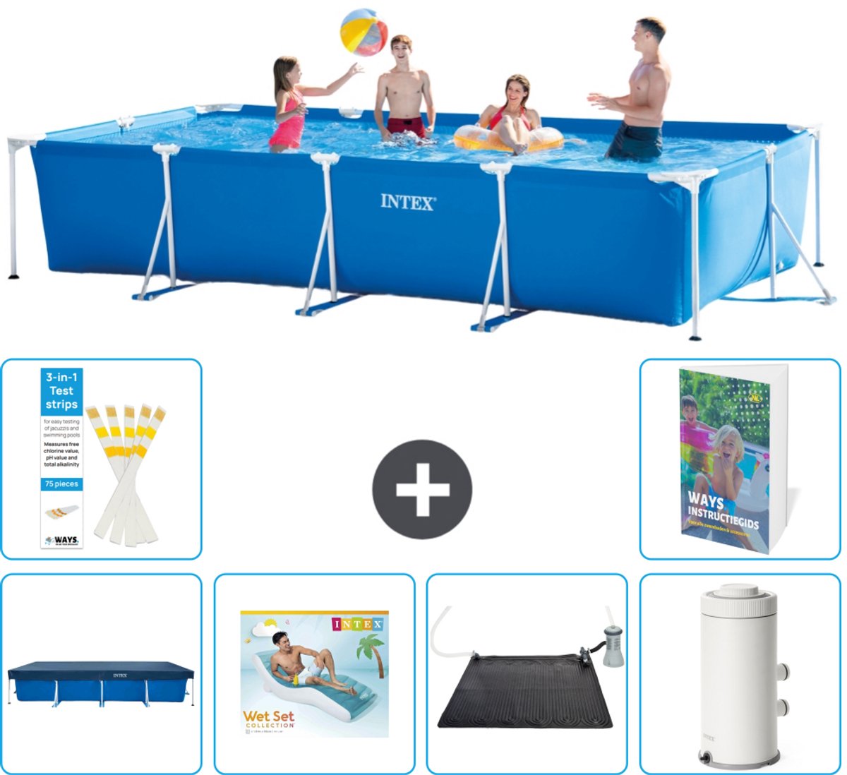 Intex Rechthoekig Frame Zwembad - 450 x 220 x 84 cm - Blauw - Inclusief Afdekzeil - Loungebed - Solar Mat - Zwembadfilterpomp - 7-delig