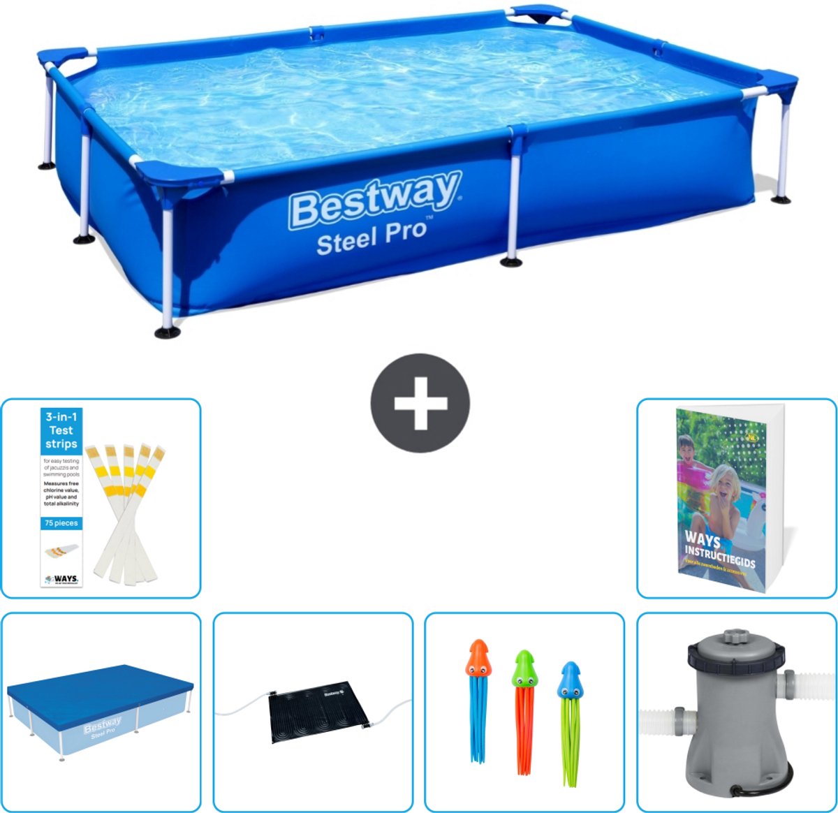 Bestway Rechthoekig Steel Pro Zwembad - 221 x 150 x 43 cm - Blauw - Inclusief Afdekzeil - Solar Mat - Speelgoed - Zwembadfilterpomp - 7-delig