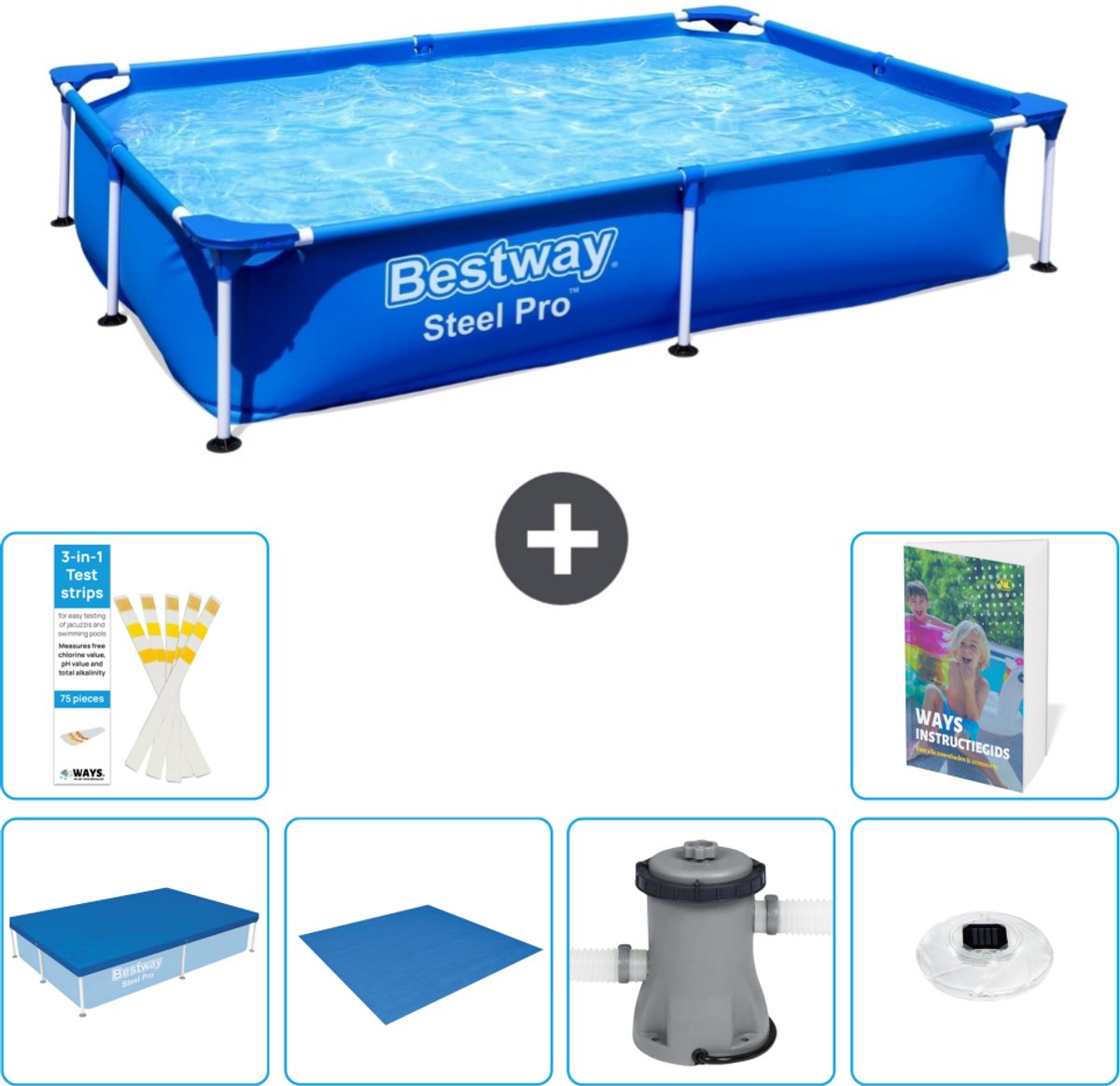 Bestway Rechthoekig Steel Pro Zwembad - 221 x 150 x 43 cm - Blauw - Inclusief Afdekzeil - Grondzeil - Zwembadfilterpomp - Verlichting - 7-delig