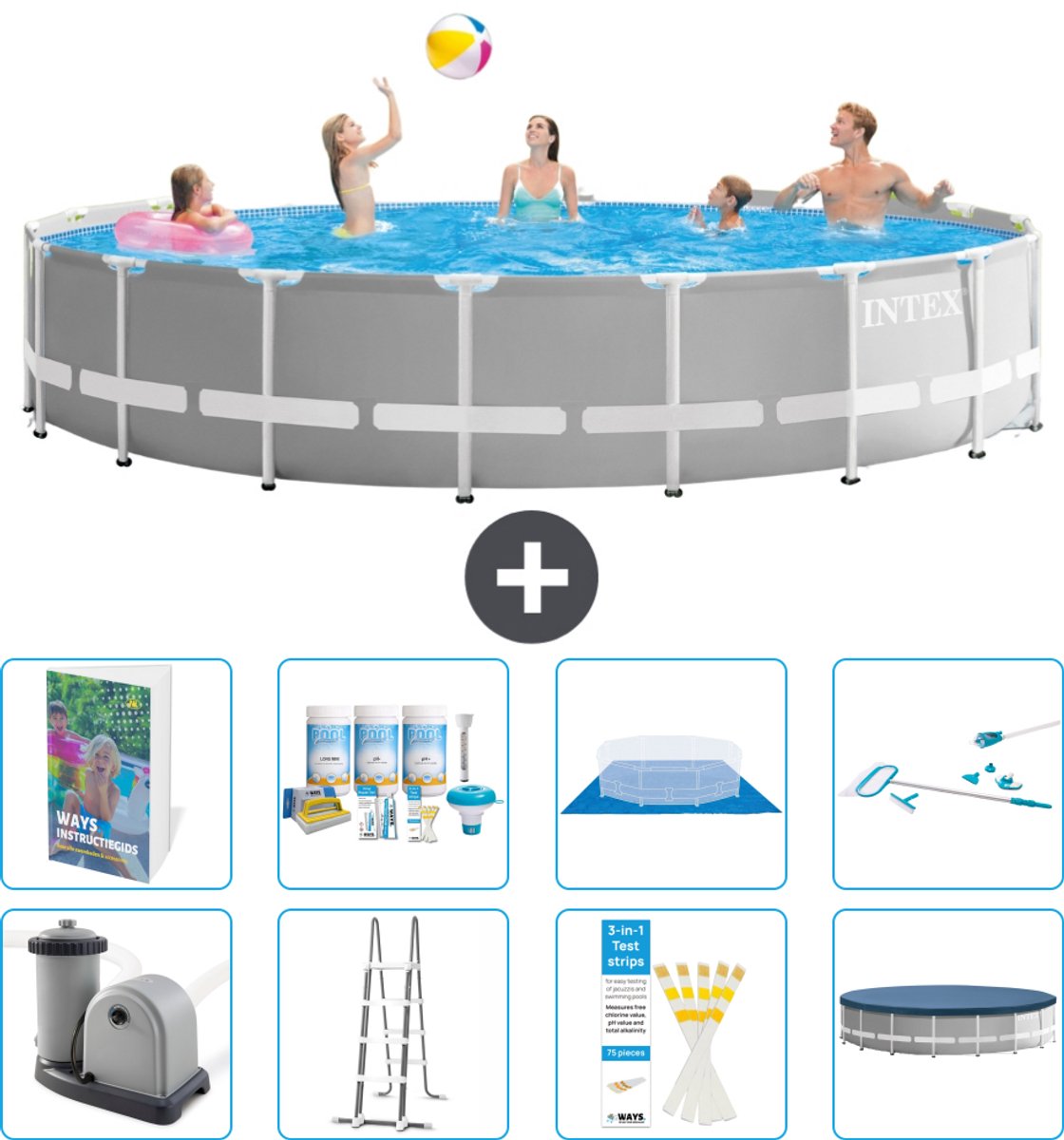 Intex Rond Prism Frame Zwembad - 548 x 122 cm - Grijs - Inclusief Pomp - Ladder - Grondzeil - Afdekzeil - Onderhoudspakket - Schoonmaakset - 9-delig