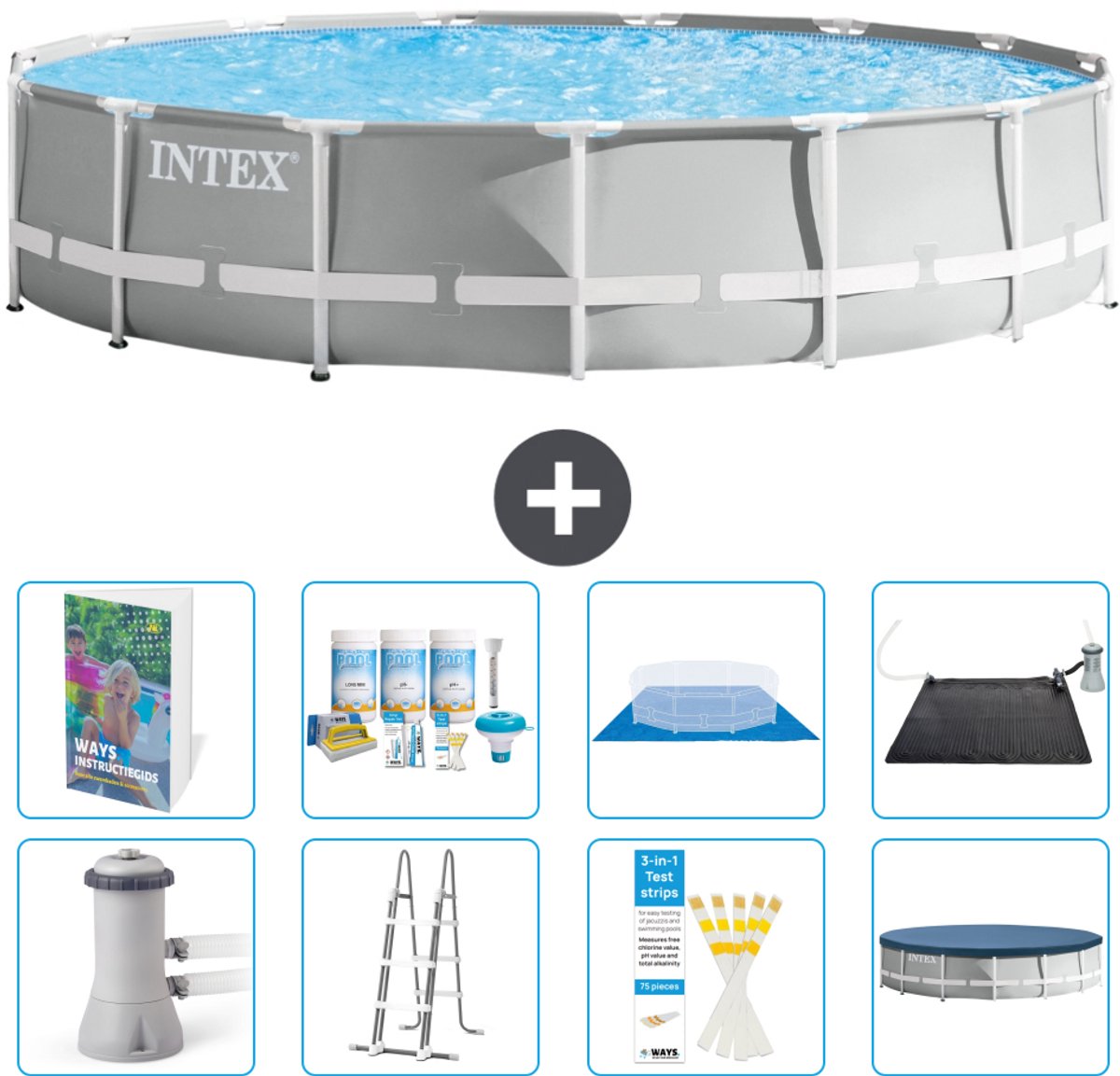 Intex Rond Prism Frame Zwembad - 457 x 107 cm - Grijs - Inclusief Pomp - Ladder - Grondzeil - Afdekzeil - Onderhoudspakket - Solar Mat - 9-delig