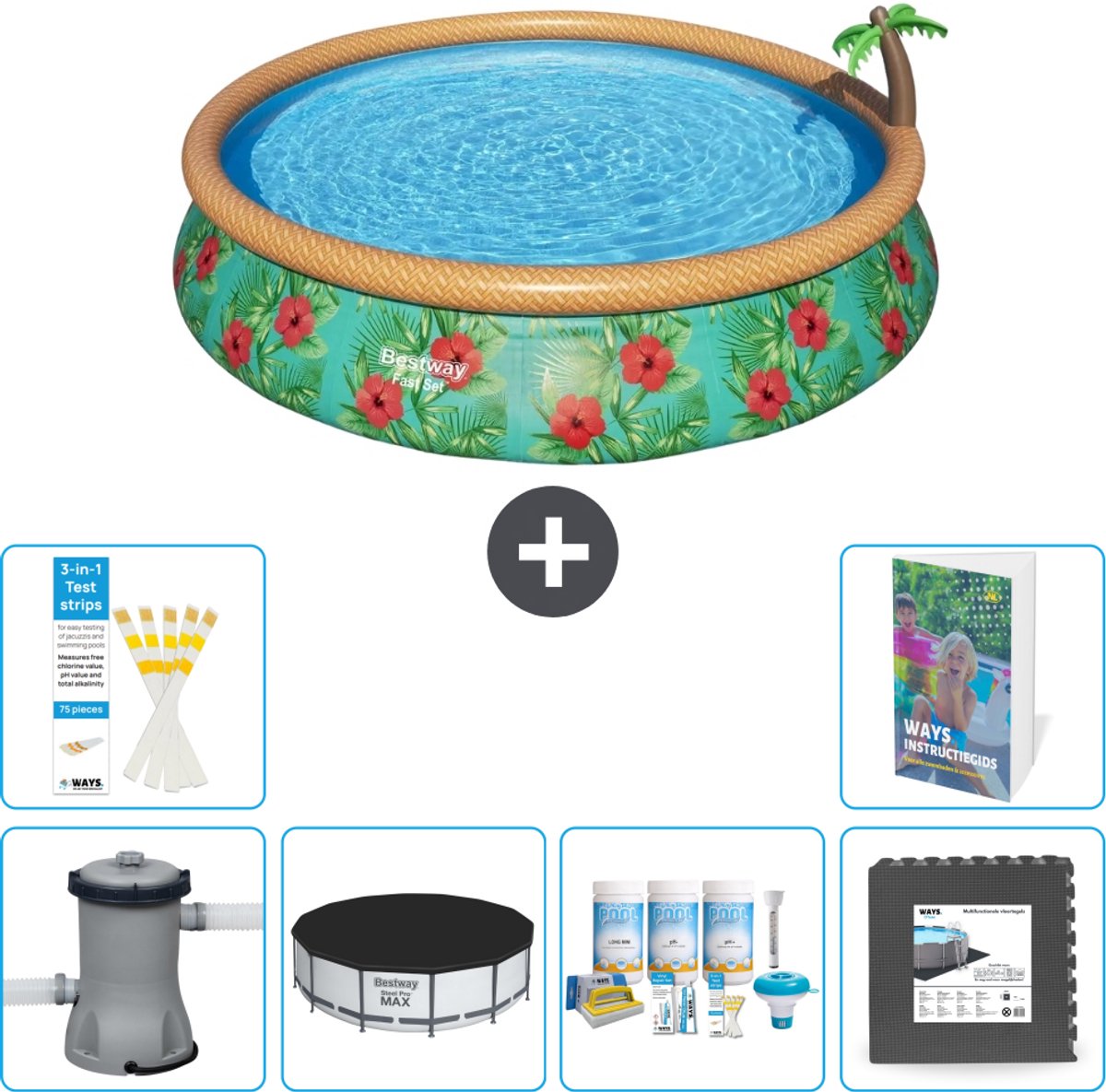 Bestway Rond Opblaasbaar Fast Set Zwembad - Paradijsprint - 457 x 84 cm - Inclusief Pomp - Afdekzeil - Onderhoudspakket - Vloertegels - 7-delig