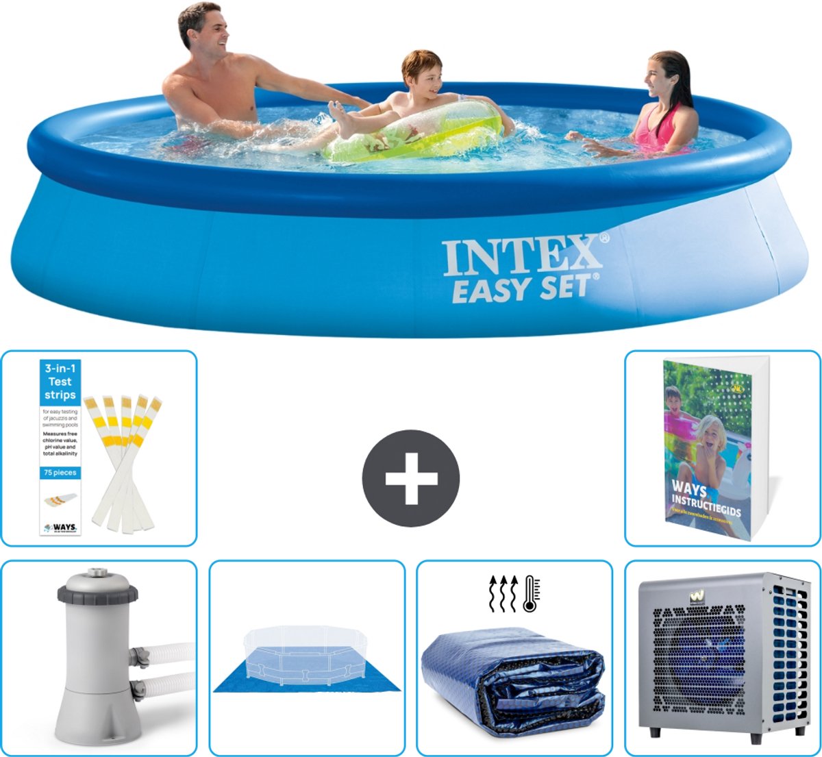Intex Rond Opblaasbaar Easy Set Zwembad - 366 x 76 cm - Blauw - Inclusief Pomp - Grondzeil - Solarzeil - Warmtepomp - 7-delig