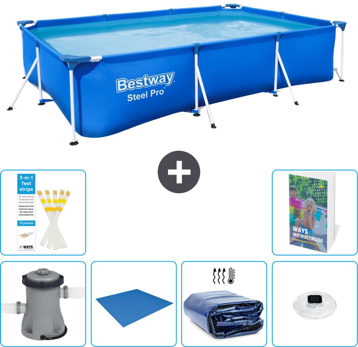 Bestway Rechthoekig Steel Pro Zwembad - 300 x 201 x 66 cm - Blauw - Inclusief Pomp - Grondzeil - Solarzeil - Verlichting - 7-delig