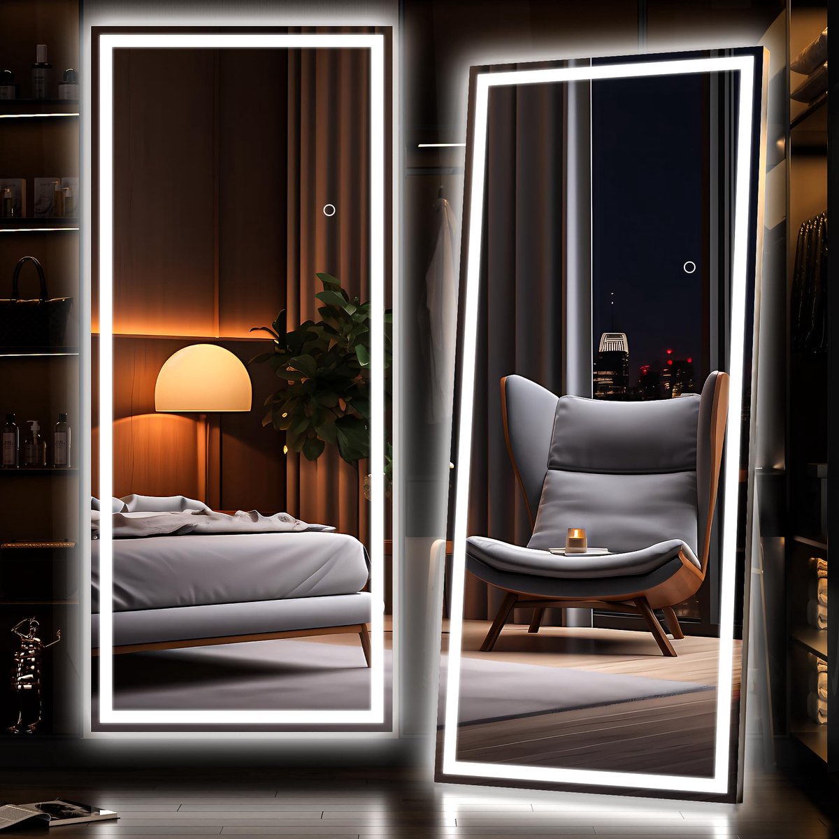 SnelShoppen - Gehard Verlichte Vloerende Spiegel Volledige Lengte 180,3 x 61 cm met Dimbare 3 Kleuren LED Verlichting, Full-Body Spiegel voor Slaapkam