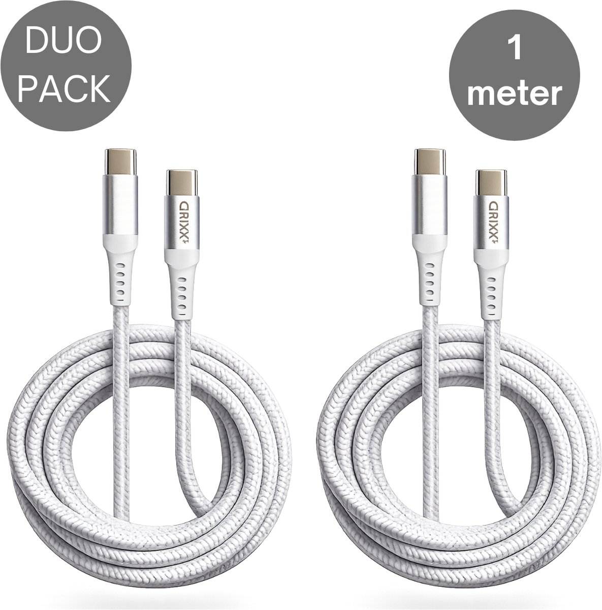 USB-C naar USB-C kabel - Grixx - 60W - 1 meter - Wit - 2 stuks