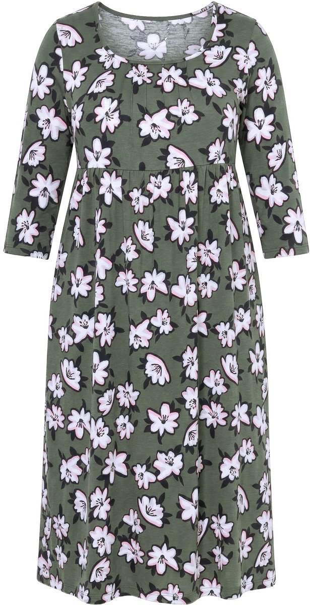 Ulla Popken - Dames - Maxi-jurk bloemen carree-halslijn 3/4-mouwen zakken - Olijfgrijs - Maat 50+