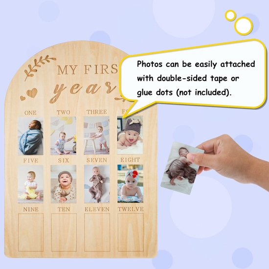 Babyfotolijst: "Mijn eerste jaar" - Gepersonaliseerd houten fotodisplay - Lijst voor 12 babyfoto's (maand-voor-maand) - Decoratie voor de babykamer / Kraamcadeau (voor jongens en meisjes) — afbeelding 5