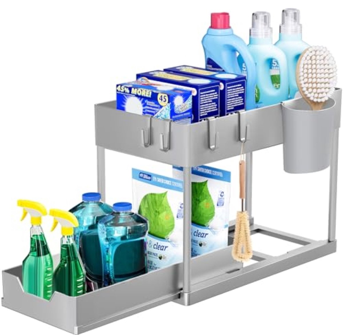 Huis Geluk Opbergrek voor onder de gootsteen 2 niveaus met uitschuiflade, multifunctioneel opbergrek voor keuken badkamer wastafel, Grijs 40x21.8x33.5 cm