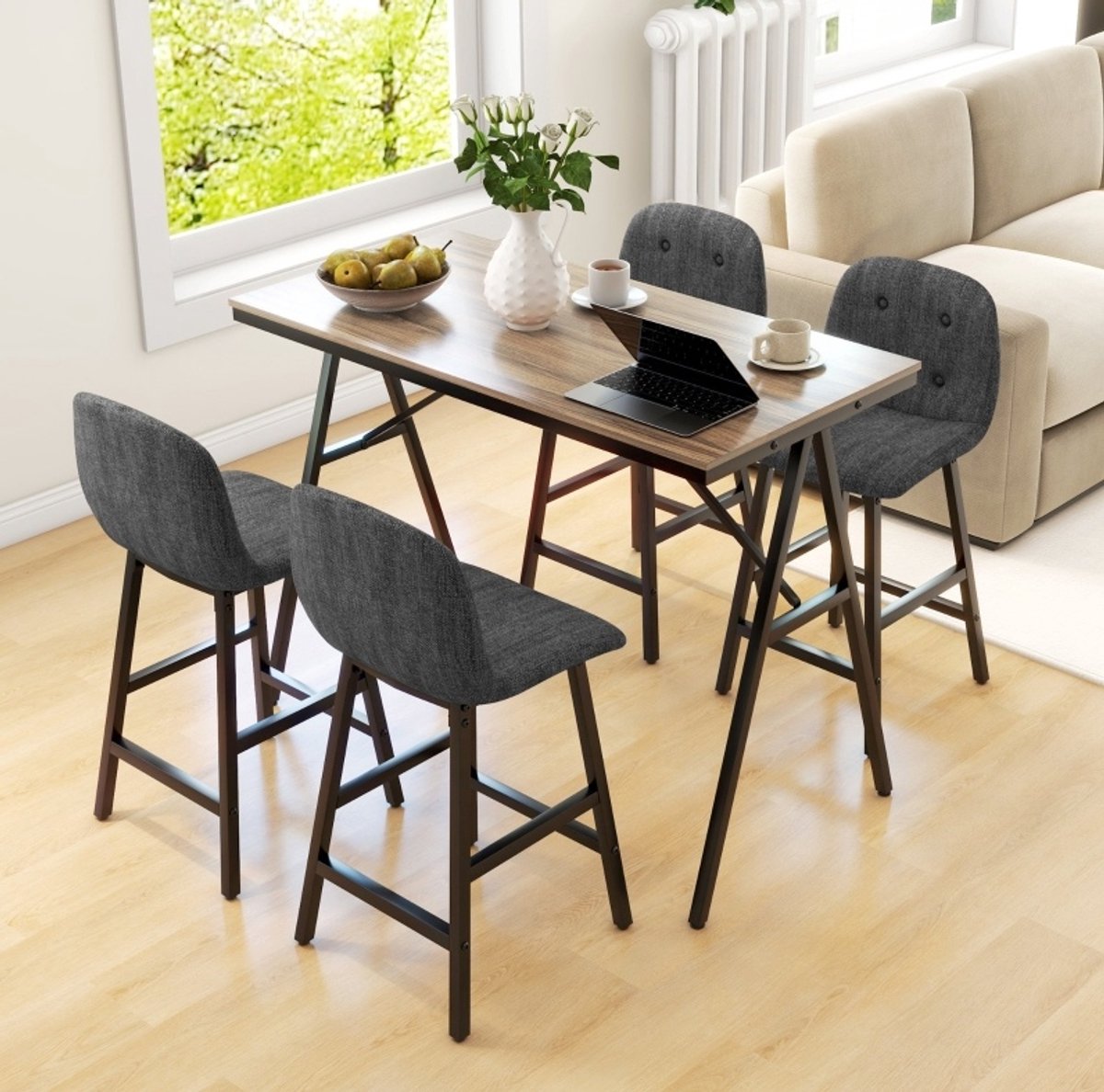 COVREO Bartafelset 120x60x91 cm donkergrijs, metaal met 4 barkrukken