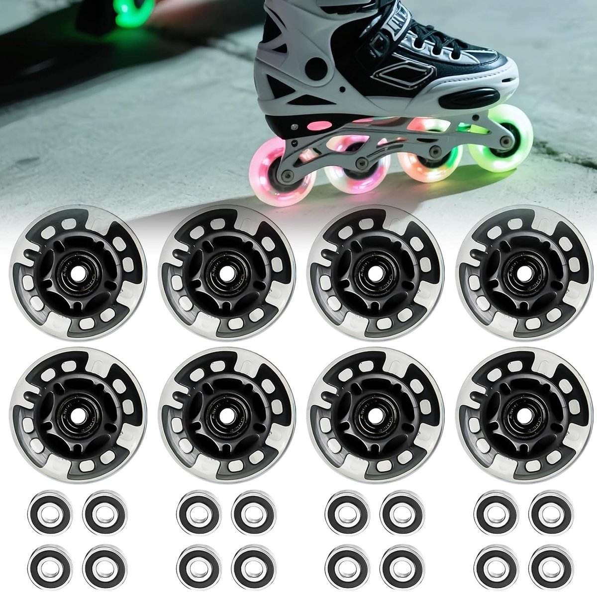 SnelShoppen Inline skate wielen 80 mm lichtgevend 8 stuks PU wielen met kogellagers voor rolschaatsen perfect voor kinderen en feestelijke gelege