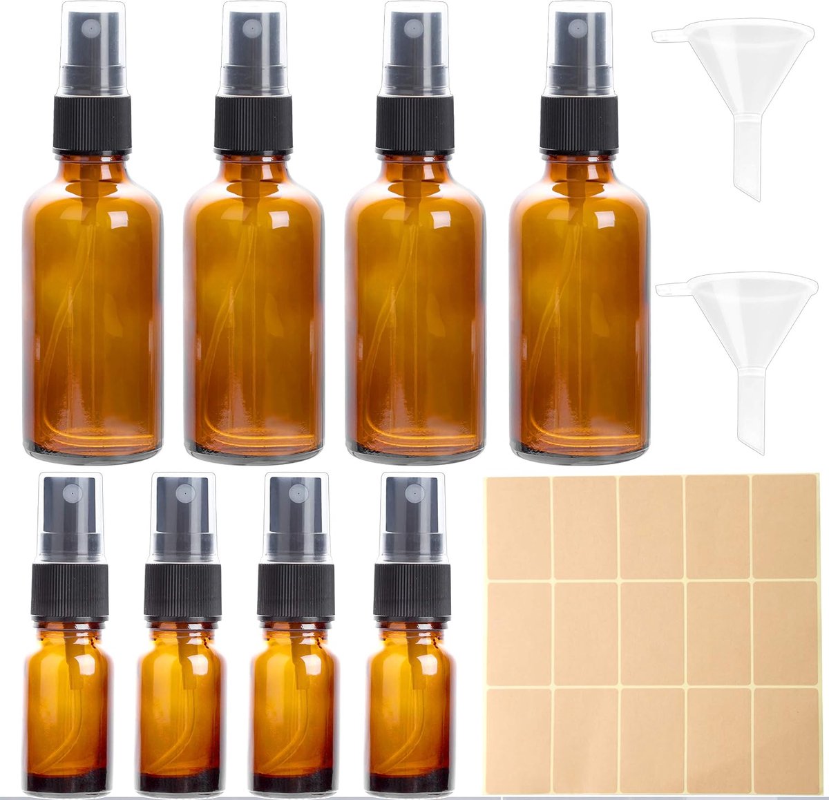 SnelShoppen - Amber Glazen Sprayflessen Set 4x50ml + 4x10ml, Fijne Mist Sprayflessen met Trechters en Essentiële Olie Stickers, Bruin voor Salon Haarv