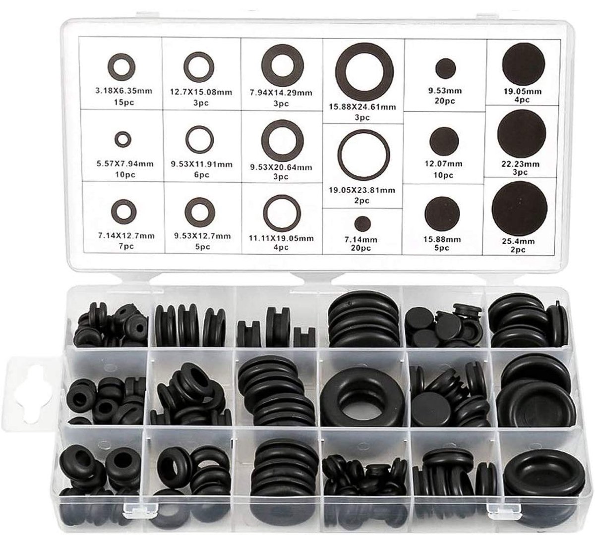SnelShoppen - 125-delige zwarte rubber grommet assortimentsset, elektrische conducteur ring, oogring voor bescherming van draden, stekkers en kabels