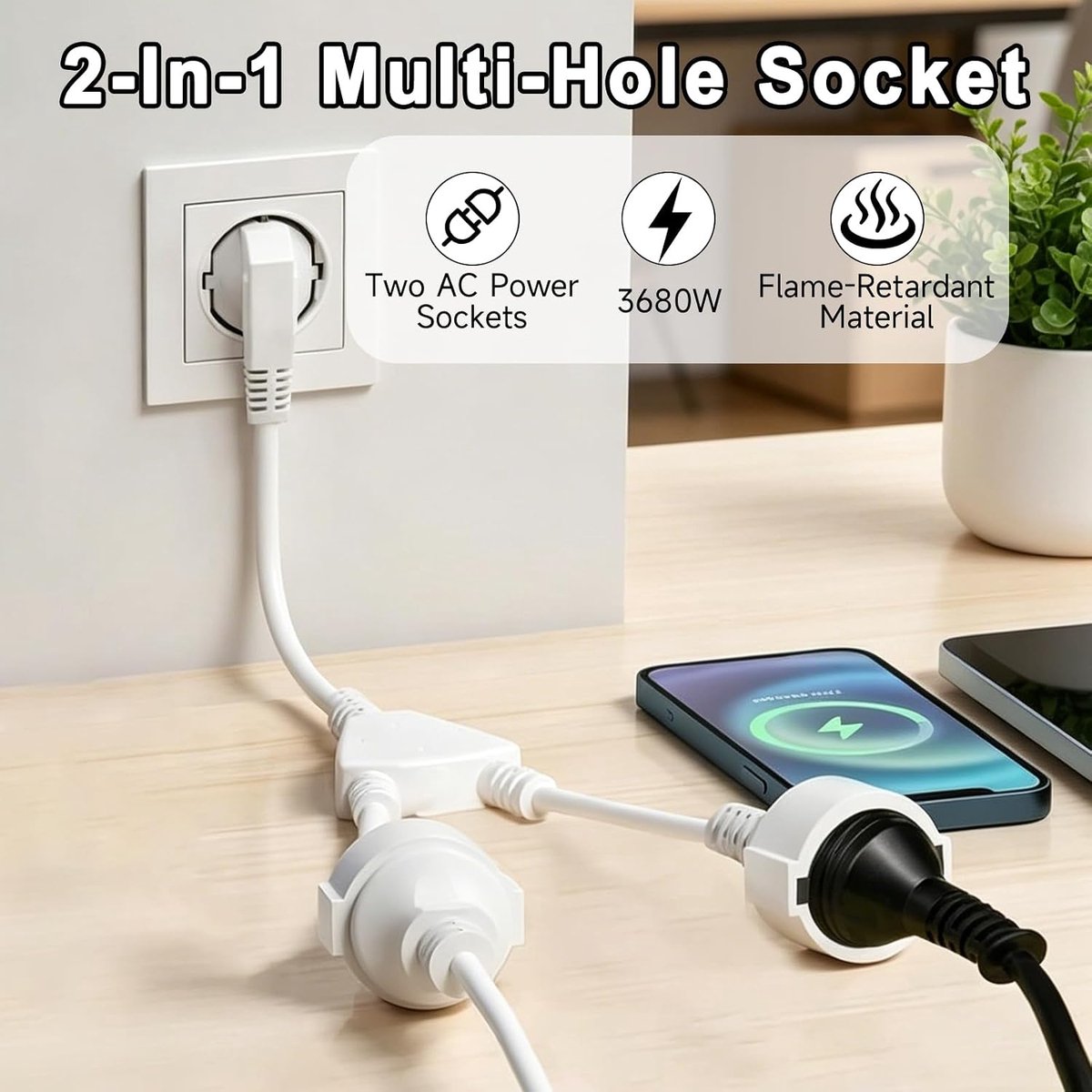 SnelShoppen - Dubbele Stekkerdoos, Verlengsnoer met 2 Stopcontacten, 2 in 1, Flexibel Snoer, 16A, 250 V, Meerdere Stopcontacten voor Thuis, Kantoor, K